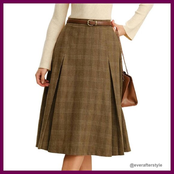 Dresses & Skirts - Vintage Plaid A-Line Midi Skirt High Waist Elegant Retro Wool-Blend Pockets